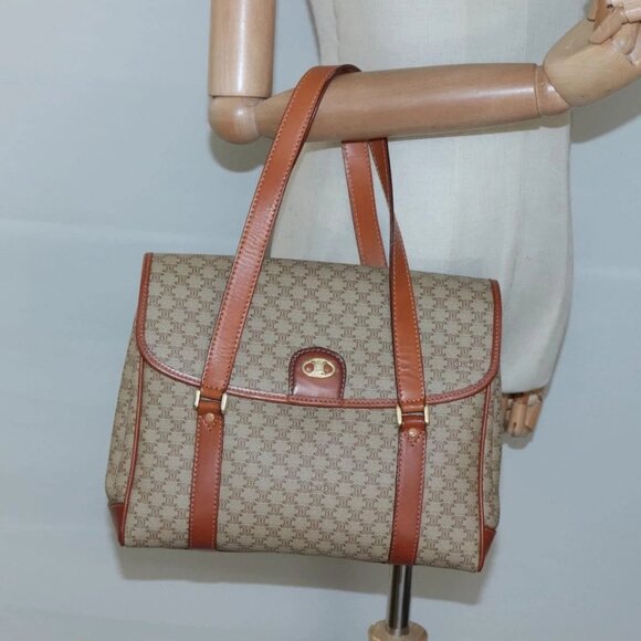 CELINE Macadam Canvas Hand Bag Beige Gold Auth - Picture 1 of 16